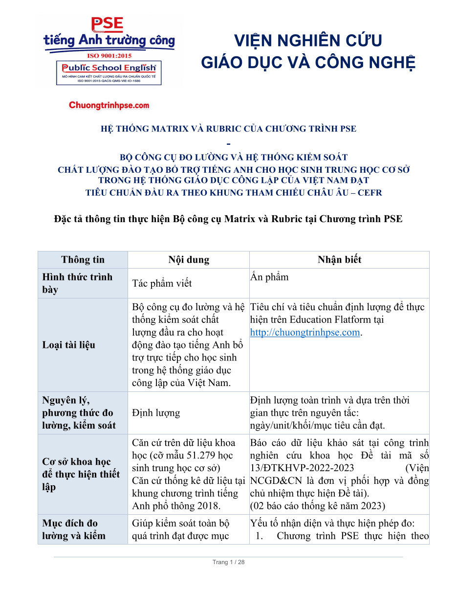 Ma trận chương trình PSE – trang 1